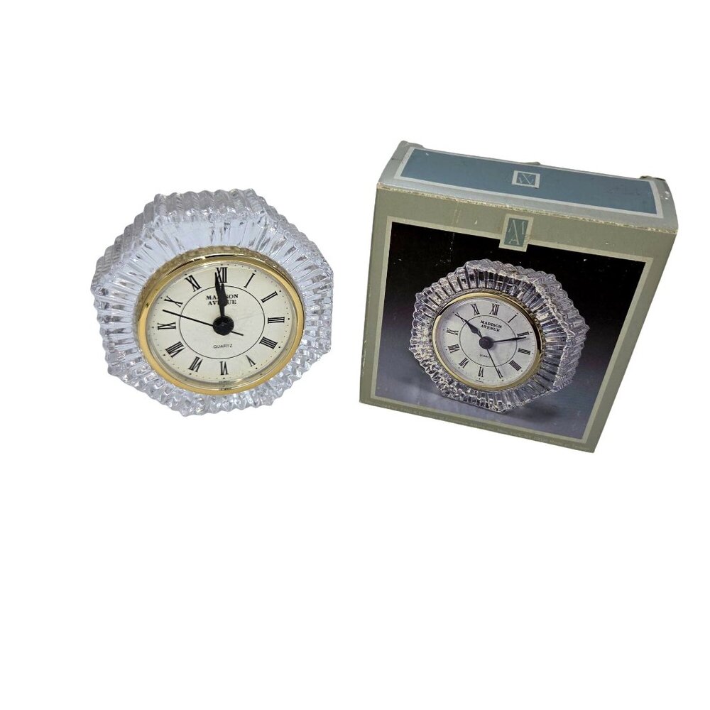 vintage Madison Avenue Crystal Sunburst Desk Clock lead crystal.